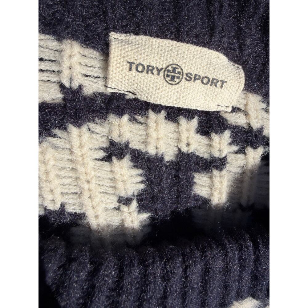 Tory Burch Sport Blue Chunky Knit Wool Blend Logo Sweater Oversized XS Rare - Picture 4 of 6